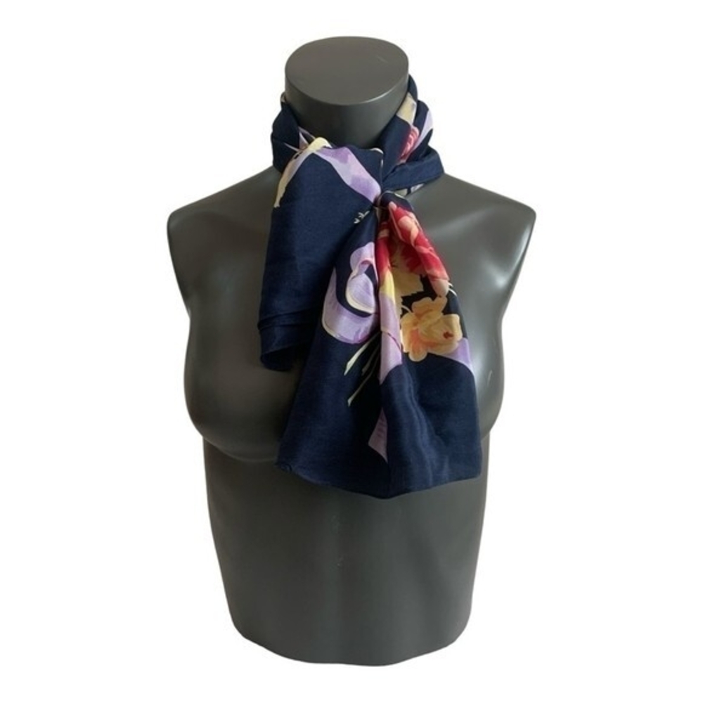 Echo Navy Blue Floral Silk Scarf 34x34 Square Multicolor 100% Silk Shawl VG - Picture 2 of 5